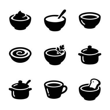 Yemek pişirme ve yemek pişirme kavramları için çeşitli yemek kaseleri, tencere, bardak ve havan toplarını temsil eden dokuz basit siyah ve beyaz ikondan oluşan bir koleksiyon..