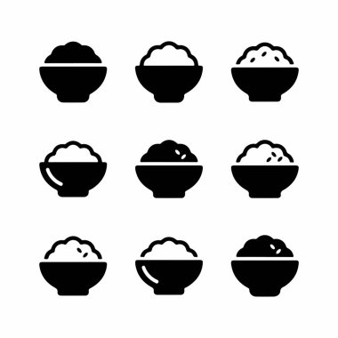 Pişmiş pirinç kâselerini tasvir eden dokuz minimalist sembol. Basit siyah beyaz yiyecek sembolleri ağ, uygulama ve grafik tasarım projeleri için mükemmeldir..