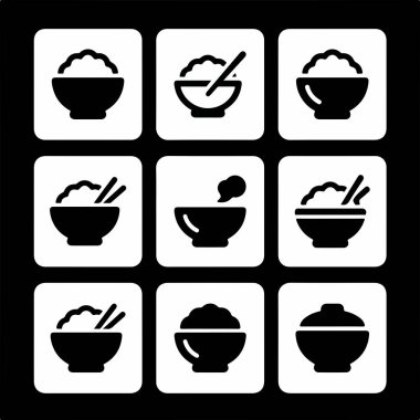 Pirinç kaselerini tasvir eden dokuz minimalist gıda ikonu koleksiyonu. Set, yemek çubukları, kaşıklar, buhar ve kapaklı bir kase içeren varyasyonları içeriyor. Web ve yazdırma için basit siluet tasarımı.