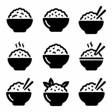 Pirinç kaselerini gösteren dokuz basit siyah siluet simgesi koleksiyonu. Buhar, yemek çubukları ve garnitür, Asya mutfağı ve yemeklerini temsil eden çeşitlilikler.
