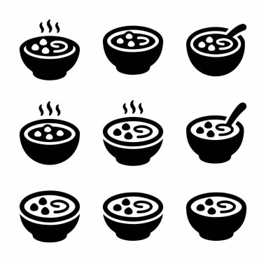 Bir kase sıcak çorba ya da yahni tasvir eden dokuz minimalist yiyecek ikonu. Set, web veya uygulama tasarımı için basit bir siyah ve beyaz kabartma biçiminde sunulan buhar ve kaşık çeşitlerini içerir..