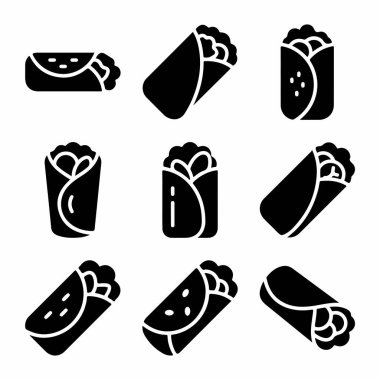 Burrito, shawarma ya da ambalajları temsil eden dokuz basit siyah beyaz simge koleksiyonu. Sette besinle ilgili tasarım projeleri için çeşitli açılar ve stiller yer almaktadır..