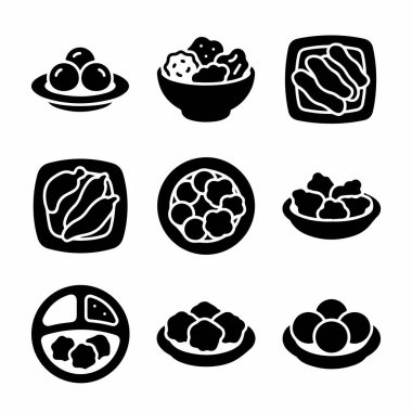 Çeşitli aperatifleri ve abur cuburları temsil eden dokuz basit gıda ikonu koleksiyonu. Temiz, koyu siyah bir kabartma şeklinde sunulmuştur, ağ ve baskı tasarımı için mükemmeldir..