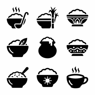 Geleneksel Hint hasat festivali Pongal 'ı temsil eden dokuz siyah ve beyaz vektör ikonu koleksiyonu, pirinç yemekleri, çömlekler, şeker kamışı ve bir güneş sembolü.