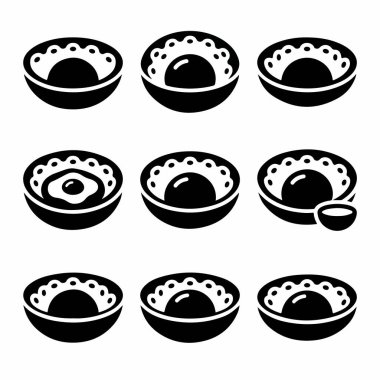 Çeşitli Asya yemek kaselerini tasvir eden dokuz minimalist sembol. Kümede, bazıları yumurta, basit bir siyah beyaz vektör formatında pirinç kaseleri yer alıyor..