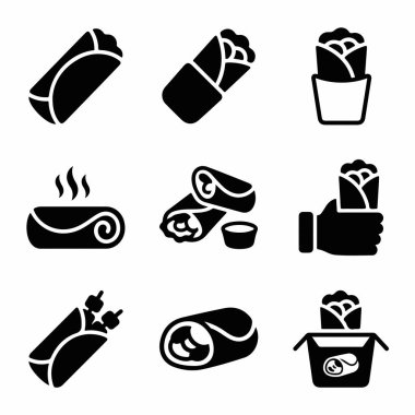 Çeşitli burrito ambalajları ve kebapları temsil eden dokuz siyah beyaz ikon koleksiyonu. Paket servisi ve farklı sunumlar için simgeler içerir.