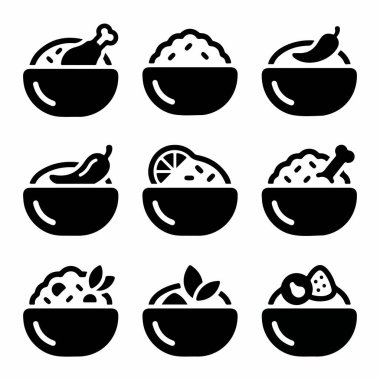 Farklı yemek kaselerini temsil eden dokuz basit siyah beyaz ikondan oluşan bir koleksiyon. Menü veya web tasarımı için pirinç, tavuk, biber, salata ve meyveli yemekler içerir.