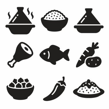 Dokuz basit siyah beyaz gıda ikonundan oluşan bir koleksiyon. Sette bir tagine pot, pilav, balık, tavuk budu, sebze, kırmızı biber ve hazır yemekler yer alıyor..