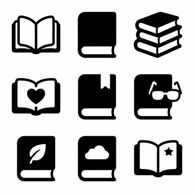 Beyaz arkaplanda dokuz tane minimalist siyah kitap ikonu var. Okuma, kitap sevgisi, bilgi ve öğrenme sembolleri içerir. Web ve uygulama tasarımı için mükemmel.