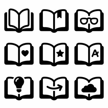 Açık kitapların dokuz basit siyah kabartma sembolü koleksiyonu. Her ikon farklı okuma ve öğrenme temalarını temsil eden bir kalp, yıldız, gözlük ve ampul gibi eşsiz bir sembole sahiptir..