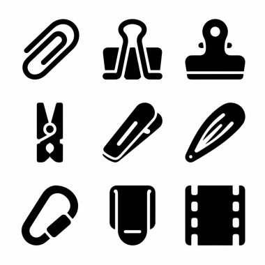 Simge setinde ataç, ataç, buldog tokası, mandal, tel zımba, saç tokası, karabina, ataç ve film şeridi var. Basit katı siyah vektör grafikleri.