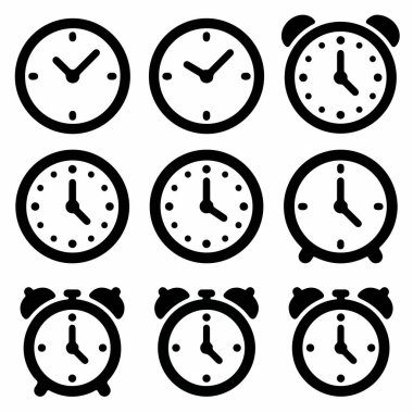 Basit duvar saatleri ve klasik çalar saatlerden oluşan dokuz vektör saat ikonlarından oluşan bir koleksiyon. Simgeler, farklı zamanları gösteren temiz siyah-beyaz minimalist bir tarzda sunuluyor..