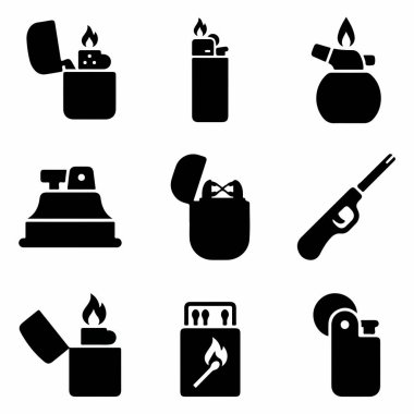 Çeşitli çakmak ve kibrit kutusunu temsil eden dokuz adet siyah siluet simgesi. Beyaz bir arkaplanda izole edilmiş, ağ ve yazdırma için basit katı kabartma tasarımı.