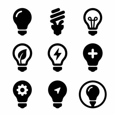 Farklı ampul tasarımları içeren dokuz basit siyah vektör simgesinden oluşan bir koleksiyon. Semboller arasında beyaz bir arkaplanda izole edilmiş çevre dostu, elektrik, yenilik ve yaratıcı fikirler yer alıyor..