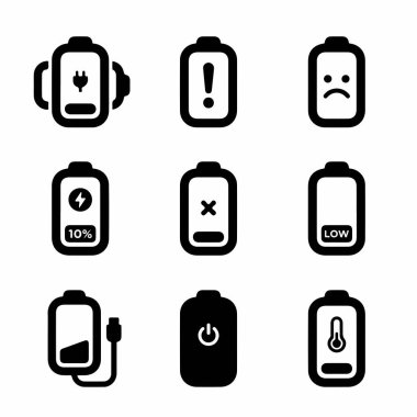 Dijital arayüzler için düşük güç, şarj, hata, sıcaklık uyarısı ve güç açma gibi çeşitli batarya durumlarını temsil eden siyah ve beyaz vektör simgelerinin bir derlemesi.