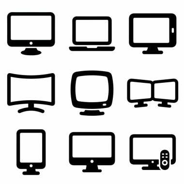 Bilgisayar ekranları, tabletler, televizyonlar ve beyaz arkaplandaki ikili görüntüler gibi farklı ekranları temsil eden dokuz basit simge seti..