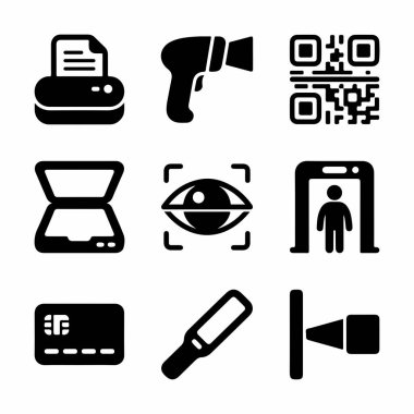 Yazdırma, QR kod taraması, biyometri, metal algılama ve elektronik ödeme sistemleri gibi çeşitli teknolojileri temsil eden dokuz siyah sembolden oluşan bir koleksiyon..