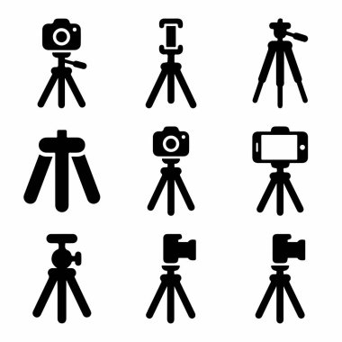 Dokuz farklı üç ayaklı vektör ikonundan oluşan bir koleksiyon. Bu set, dijital kameralar ve cep telefonları tutan çeşitli tripodları içerir, fotoğraf ve video sembolleri için mükemmeldir..