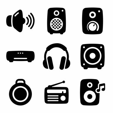 Ses ve müzik için dokuz basit siyah simgeden oluşan bir koleksiyon. Beyaz arkaplanda izole edilmiş hoparlörler, kulaklıklar, radyo ve ses sembolleri içerir.