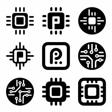Bilgisayar işlemcileri, mikroçipler ve entegre devreleri temsil eden dokuz izole siyah kabartma simge koleksiyonu. Teknoloji ve elektronik için modern minimalist semboller.