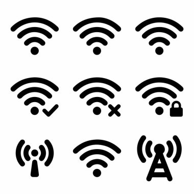 Wi-Fi ve kablosuz ağ sinyallerini temsil eden dokuz monokrom vektör ikonundan oluşan bir koleksiyon, bağlı, hatalı ve kilitli gibi durum göstergeleri, beyaz bir arkaplanda izole edilmiş.
