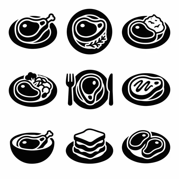 Menü veya web tasarımı için ızgara biftek, kızarmış tavuk bacağı ve diğer yemek tabakları da dahil olmak üzere çeşitli hazırlanmış et yemeklerini temsil eden dokuz basit siyah vektör simgesi..