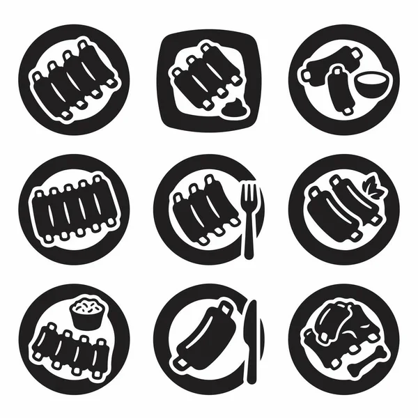 Raflar, bireysel kaburgalar ve mezeler de dahil olmak üzere çeşitli barbekü domuz kaburgalarını gösteren dokuz basit, tek renkli vektör ikonundan oluşan bir koleksiyon..