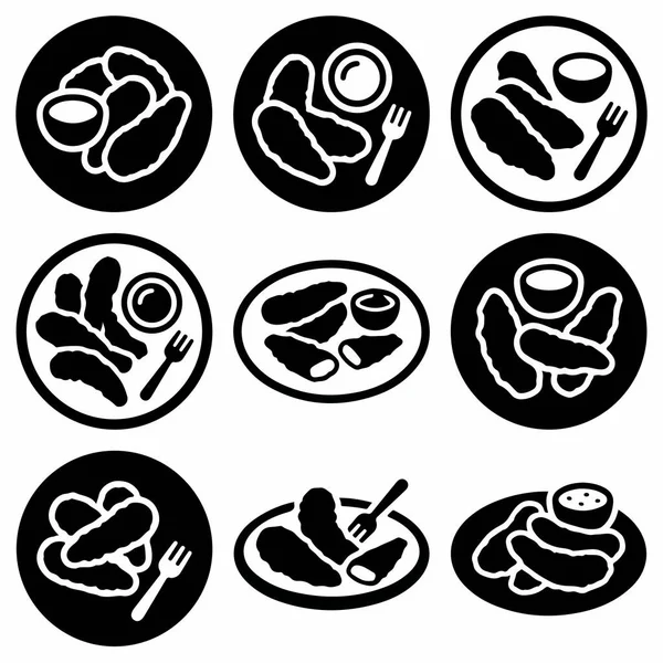 Dokuz tane monokrom vektör ikonu tabaklarda servis edilen soslu kızarmış turşuları gösteriyor. Grafik seti, yiyeceklerle ilgili tasarımlar için mükemmel çeşitli kompozisyonlar ve stiller içerir..