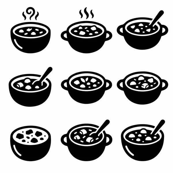 Çeşitli kase sıcak çorba, yahni ya da yulaf lapası içeren dokuz minimalist kabartma ikonu. Farklı kase stillerini içerir, bazıları kaşık ve buharlı, beyaz arka planda izole edilmiş..