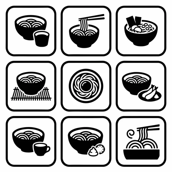 Japon ramen, erişte, kase, çubuk ve malzemelerini gösteren dokuz basit siyah beyaz grafik ikonundan oluşan bir koleksiyon. Menüler ya da yiyeceklerle ilgili tasarımlar için mükemmel.