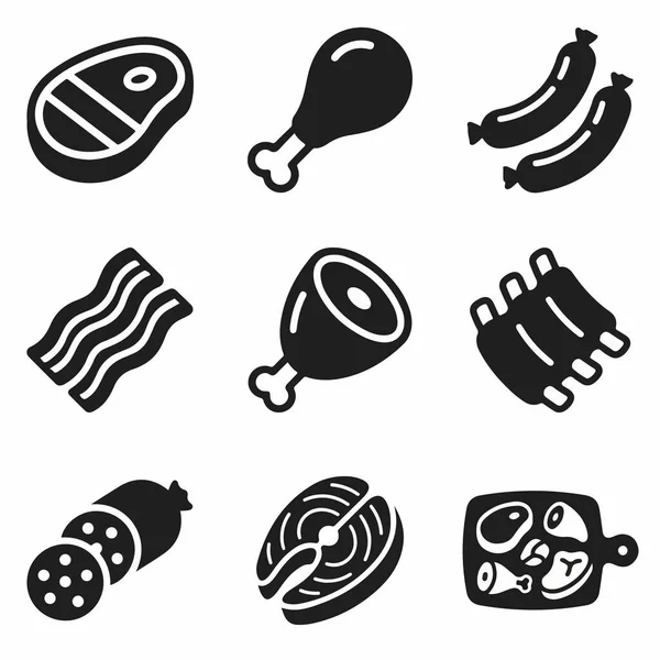 Biftek, tavuk bacağı, sosis, pastırma, jambon, kaburga, salam ve balık da dahil olmak üzere çeşitli et türlerini temsil eden basit bir simge koleksiyonu..