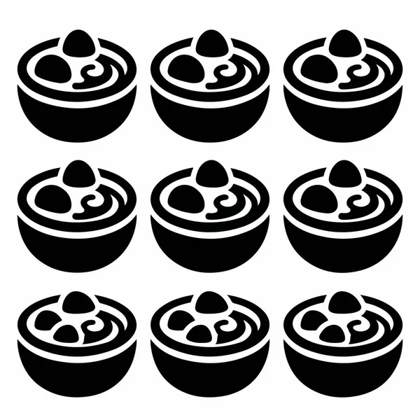 Tıpatıp aynı siyah siluet ikonlarından oluşan bir derleme. Çorba ya da güveç kâselerini gösteriyor. Her simge, beyaz bir arkaplanda izole edilmiş, girdaplı ve yuvarlak şekilli basit bir grafik tasarımı içerir..