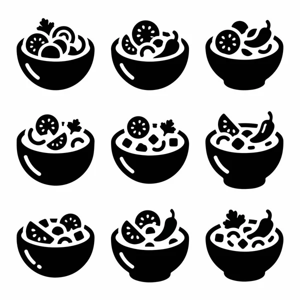 Çeşitli salata ve salsa çeşitlerini gösteren dokuz basit vektör sembolü seti. Simgelerde domates, limon, acı biber ve bitki gibi malzemeler yer alıyor..