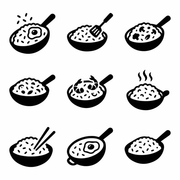 Çeşitli kızarmış pirinç hazırlıklarını tasvir eden dokuz minimalist vektör ikonundan oluşan bir derleme. Tabaklara, tavalara, yumurtalara, karideslere ve çubuklara pirinç konur. Restoran menüleri ya da yemek blogları için ideal.