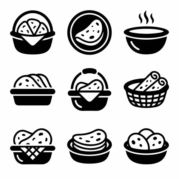 Tortilla, naan veya roti gibi çeşitli düz ekmekleri sepetler, kaseler ve tabaklarda sunan dokuz siyah ve beyaz vektör ikonundan oluşan bir koleksiyon..
