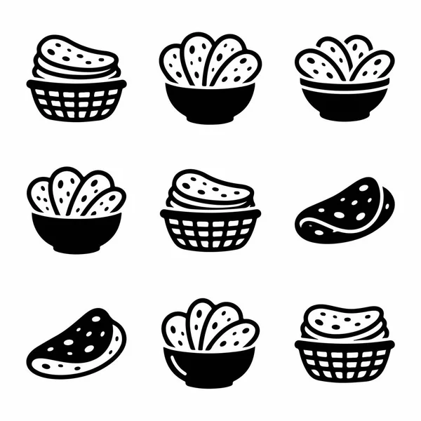 İçinde tortilla cipsleri bulunan dokuz basit siyah siluet simgesi koleksiyonu. Simgeler, beyaz arka planda izole edilmiş farklı kaselerde ve dokuma sepetlerinde servis edilen nachoları gösteriyor..