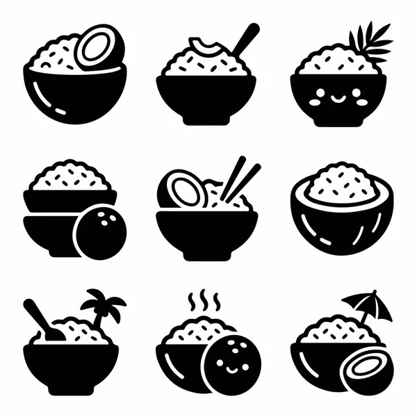 Dokuz basit siyah siluet ikonu seti hindistan cevizi pilavı gösteriyor. İçinde hindistan cevizi, yemek çubuğu ve palmiye ağaçları olan kaseler var. İzole vektör besin grafikleri.