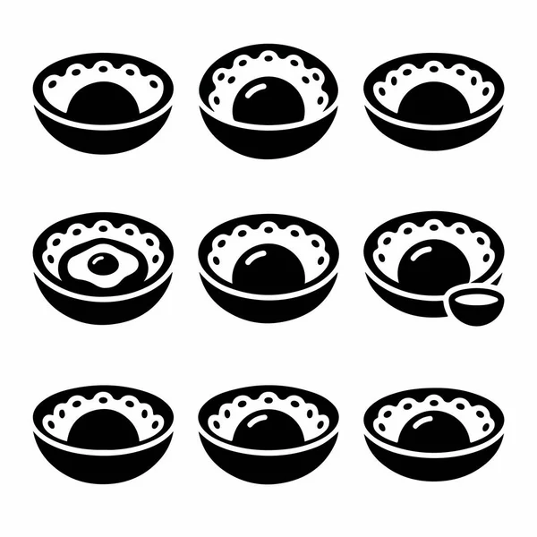 Çeşitli Asya yemek kaselerini tasvir eden dokuz minimalist sembol. Kümede, bazıları yumurta, basit bir siyah beyaz vektör formatında pirinç kaseleri yer alıyor..