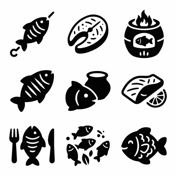 Izgara, tütsülenmiş, biftek, çorba ve taco dahil olmak üzere balık pişirmenin ve yemenin farklı yollarını temsil eden dokuz katı siyah ikondan oluşan bir koleksiyon. Menüler ve tasarım için basit gıda sembolleri.