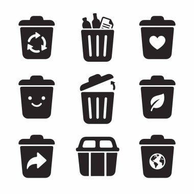 Atık yönetimi ve ekolojiyi temsil eden dokuz basit siyah beyaz simge seti. Çöp kutularındaki geri dönüşüm, kalp, yaprak ve küre gibi sembolleri içerir.