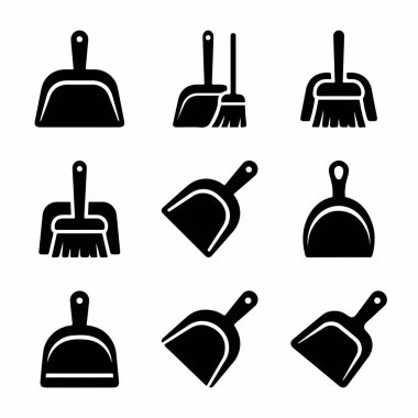 Ev temizlik aletlerini tasvir eden dokuz basit siyah kabartma simge koleksiyonu. Bu set süpürme için çeşitli süpürge ve fırça stillerini içerir, beyaz bir arkaplanda izole.
