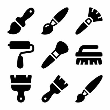 Boya ruloları, sanatçı fırçaları ve fırçalar da dahil olmak üzere farklı türde fırçaları tasvir eden dokuz vektör ikonundan oluşan bir koleksiyon. Web ve yazdırma için basit siluet tasarımı.