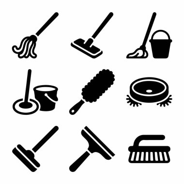 Çeşitli temizlik araçlarını temsil eden dokuz siyah siluet simgesi koleksiyonu. Beyaz arka planda izole edilmiş bir paspas, kova, toz bezi, cam sileceği, fırça ve robot süpürge içerir..