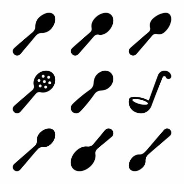 Mutfak kaşıklarının farklı türlerini temsil eden dokuz adet siyah siluet simgesi. Bu koleksiyonda bir kepçe, bir kollu kaşık ve yemek ve yemek pişirmek için çeşitli kaşıklar var..