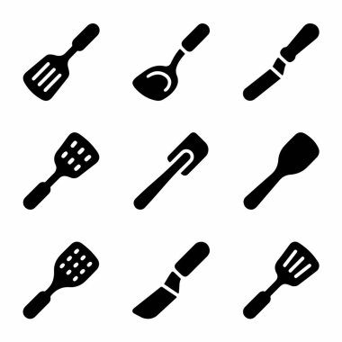 Spatulalar, kepçeler ve bıçaklar gibi çeşitli mutfak araçlarını temsil eden dokuz siyah, katı gliften oluşan bir koleksiyon, ağ ve grafik tasarımı için mükemmel..