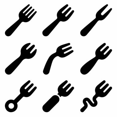 Çatalları farklı şekillerde gösteren dokuz adet siyah vektör simgesi. Grafik tasarımı veya gıda kavramları için standart, bükülmüş, kırılmış ve yaratıcı biçimlendirilmiş çatal bıçak şekilleri içerir.