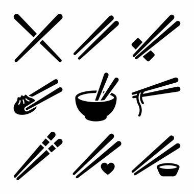 Erişte yemek, hamur köftesi toplamak ve bir kasede dinlenmek de dahil olmak üzere yemek çubuklarını çeşitli pozisyonlarda ve kullanımlarda gösteren dokuz basit simge koleksiyonu. İzole vektör illüstrasyon seti.