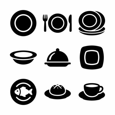 Yemek ve yemek servisi elementlerini temsil eden dokuz basit siyah vektör ikonu. Tabaklar, çatal bıçak takımı, kaseler, servis tabakları ve beyaz arka planda bir çay fincanı..