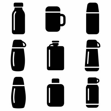Çeşitli yeniden kullanılabilir içki kaplarını temsil eden dokuz siyah siluet simgesi koleksiyonu. Su şişeleri, seyahat kupaları, termoslar ve beyaz arka planda izole edilmiş mataralar..