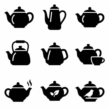 Farklı çaydanlık ve çaydanlık stillerini gösteren dokuz izole siyah vektör ikonundan oluşan bir koleksiyon. Sette mutfak eşyaları ve içecek temaları için klasik ve modern tasarımlar yer alıyor..